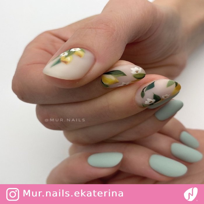 Gel Polish Nails with Hand-painted Flowers